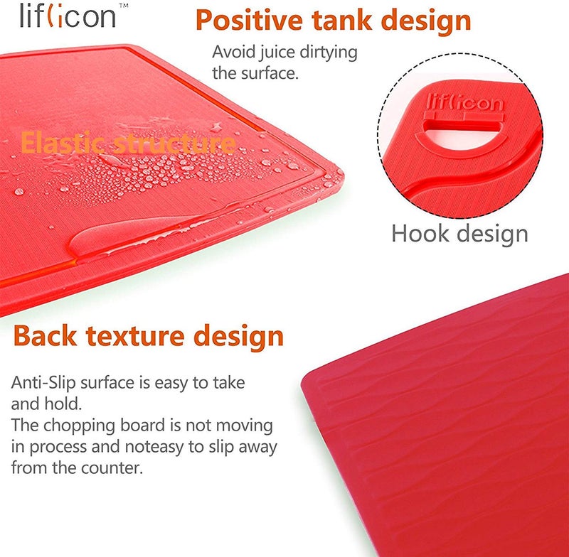Liflicon Silicone Thick Cutting Boards Mats Set of 3pcs Foldable & Flexible Design Juice Grooves Easy Grip Handle Dishwasher Safe for Kitchen,BPA free Silicone Cutting Boards/Mats-Red - Image 3
